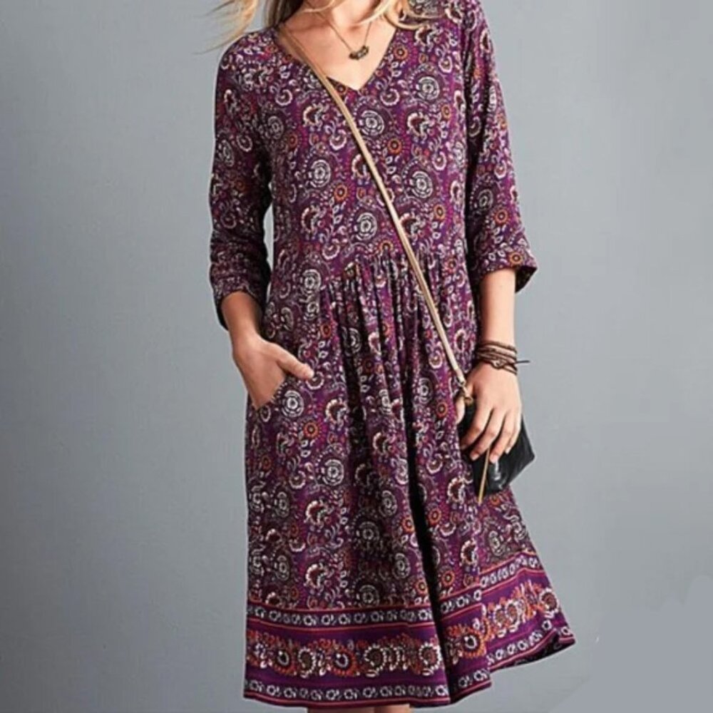 Garnet Hill Bohemian Pocket Detail Dress Purple Paisley Floral Size 8